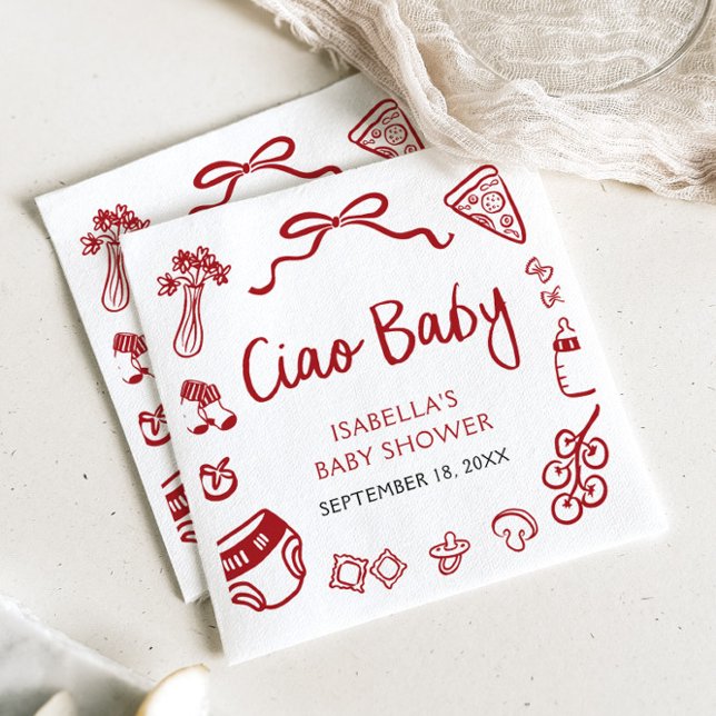 Pizza Ciao Baby Dusche Serviette (Red Italian Hand Drawn Pizza Ciao Baby Baby Shower Napkins)