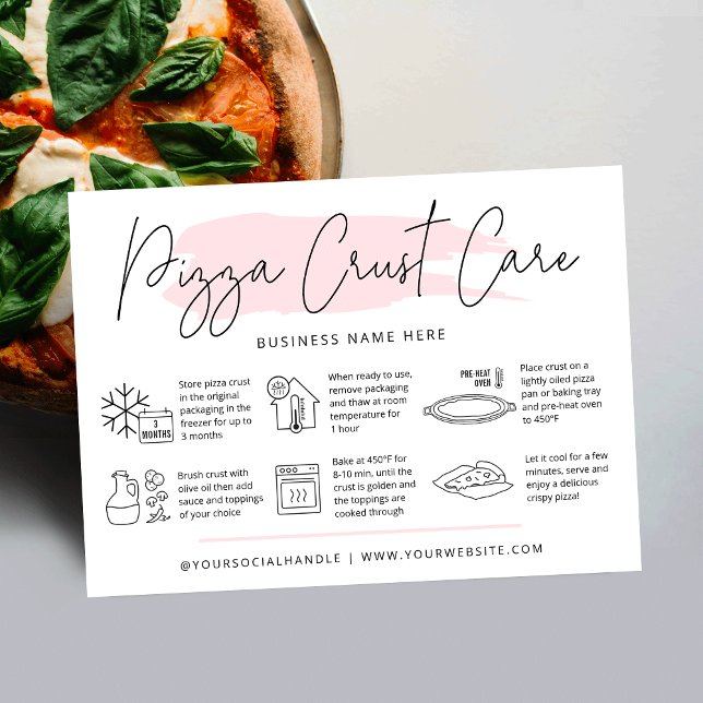 Pizza Crust Care Instruktionen Karte Pink Wasserfa (Modern pizza crust care cards with icons, modern script font and pink watercolor and your logo)