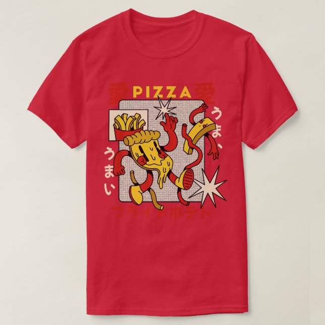 Pizza French Fries Retro Cartoon Gourmet Fast Food T-Shirt (Design vorne)