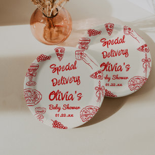 Pizza Hand Drawing Special Delivery Baby Dusche Pappteller