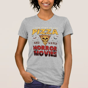Pizza-Horrorfilme Halloween-Totenkopf-Fledermäuse T-Shirt