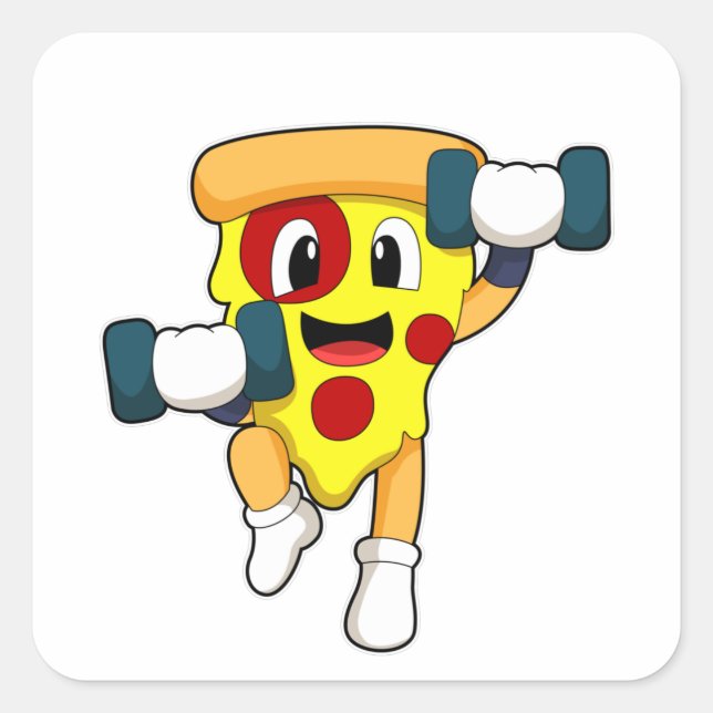 Pizza in Fitness mit Dumbells Quadratischer Aufkleber (Vorderseite)