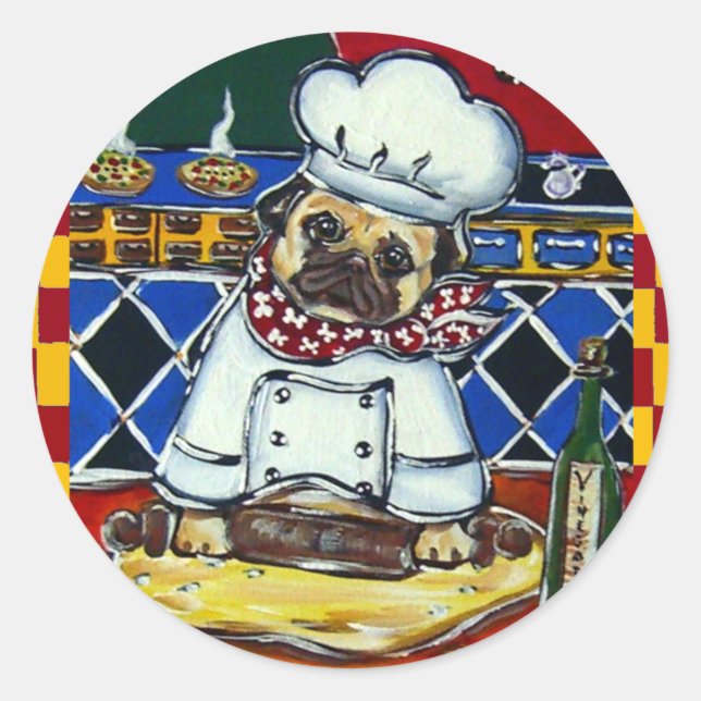 Pizza Koch Mops Runder Aufkleber (Vorderseite)