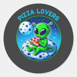 Pizza-liebende Alien auf dem Mond Spaß kosmisch Runder Aufkleber