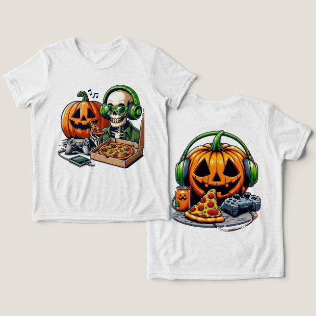 Pizza-liebendes Skelett: Gaming, Käseüberladung Tri-Blend Shirt (Design Vorderseite & Rückseite)