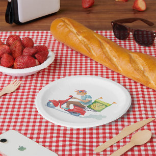 Pizza-Lieferjunge auf rotem Roller Pappteller