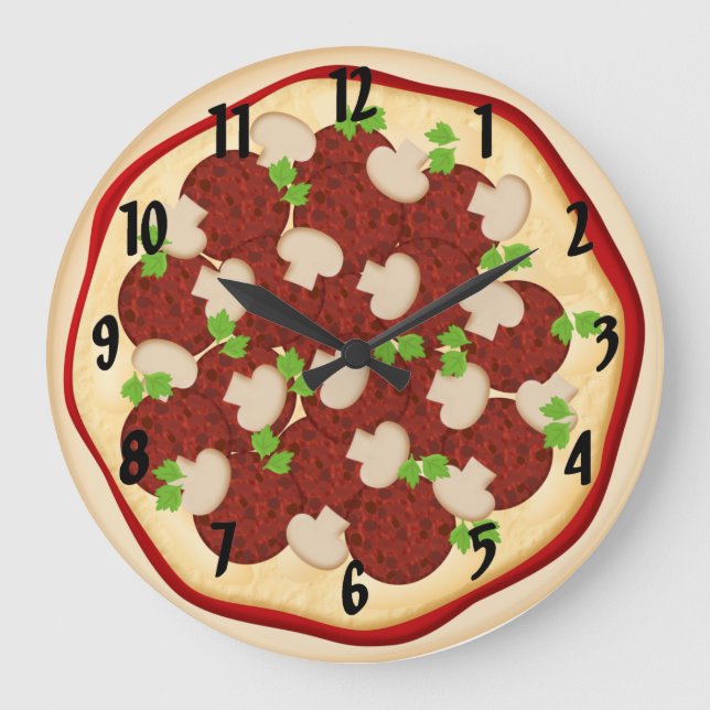 Pizza mit Pepperoni und Pilzen Große Wanduhr (Vorderseite)