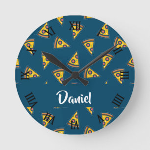 Pizza-Muster in blau Runde Wanduhr