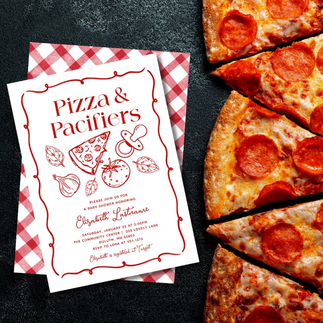 Pizza & Pacifiers Hand Drawn Italian Baby Shower Einladung (Pizza & Pacifiers Hand Drawn Italian Baby Shower Invitation)