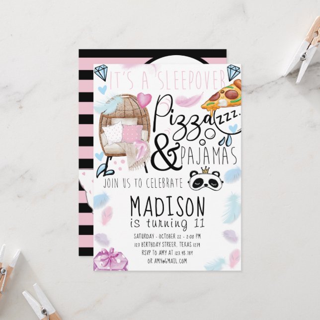 Pizza & Pajamas Sleepover Geburtstagsparty Einladung (Vorderseite/Rückseite Beispiel)