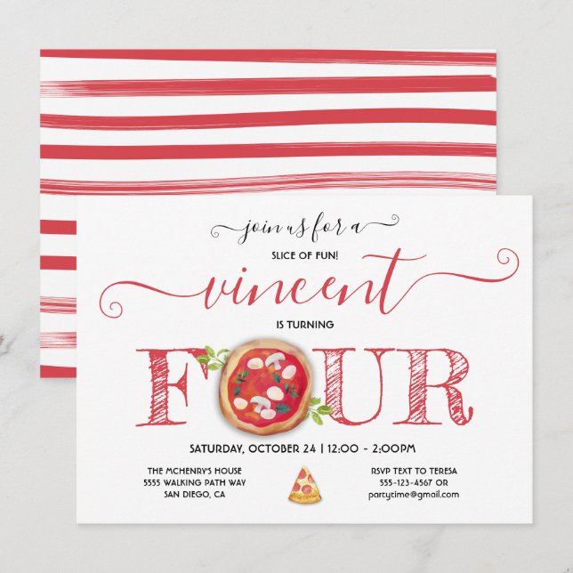 Pizza Party 4. Geburtstag Moderne Einladung (Vorne/Hinten)
