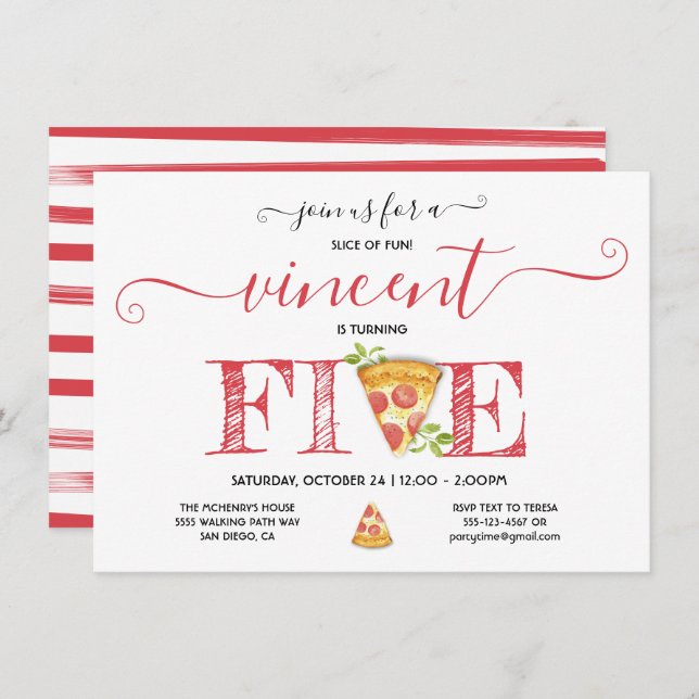 Pizza Party 5. Geburtstag Moderne Einladung (Vorne/Hinten)