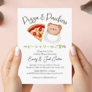 Pizza-Party-Baby-Shower-Bär-Schnuller Süß Rustikal Einladung