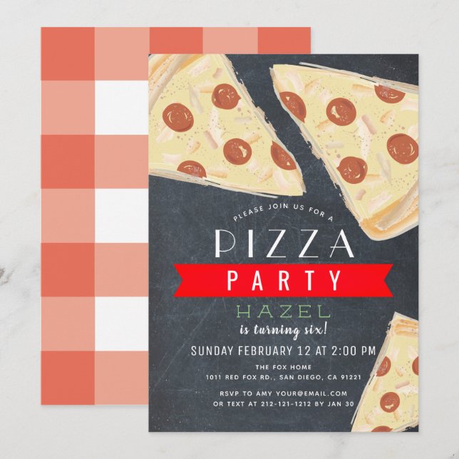 Pizza Party Chalkboard Red Gingham Birthday Einladung (Vorne/Hinten)