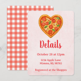 Pizza Party Details Card | Heart Pizza Red Checker Einladung