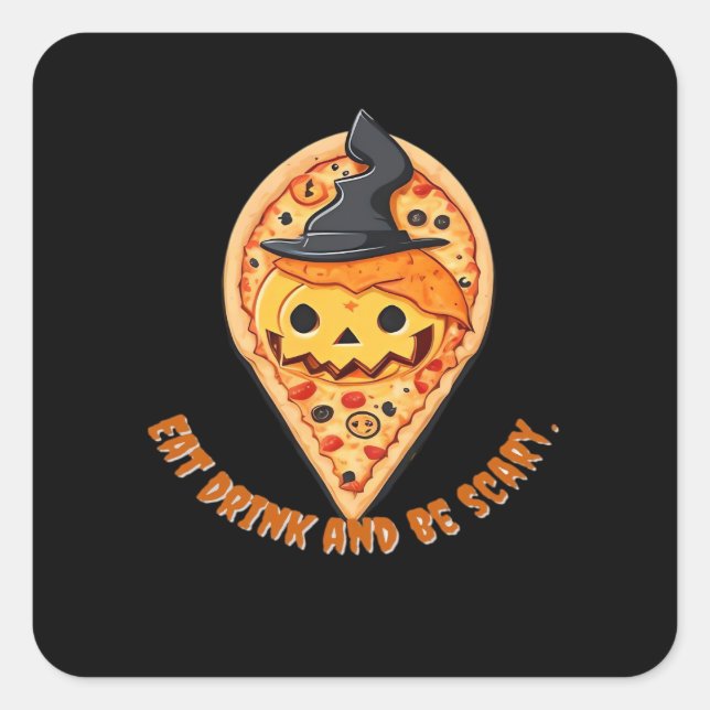 Pizza Party Halloween Pumpkin Witch Hat Essential Quadratischer Aufkleber (Vorderseite)