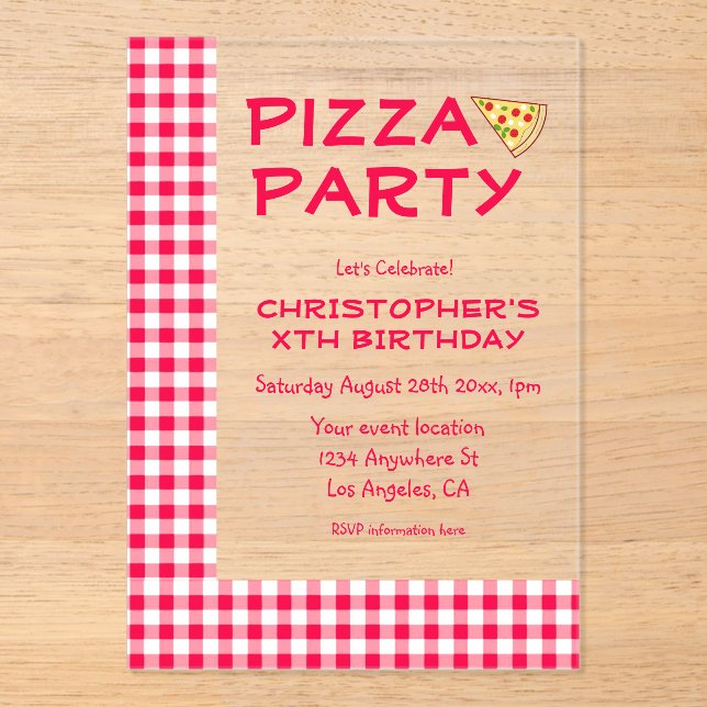 Pizza Party Kids Birthday Acryleinladungen (Vorderseite)