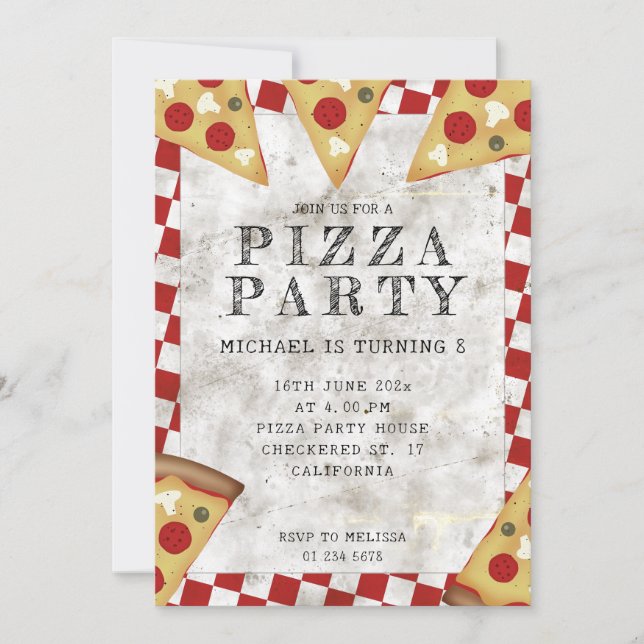 Pizza Party Kindergeburtstag mit karierten Retromu Einladung (Vorderseite)