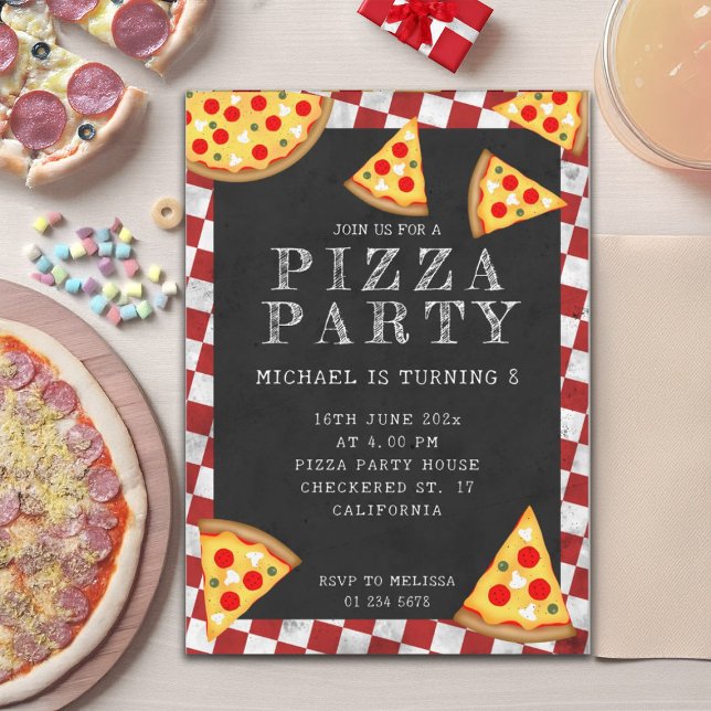 Pizza Party Scheiben Kindergeburtstag karierte Ret Einladung (Pizza party kids birthday checkered retro pattern Invitation. Personalize fun birthday invite.)