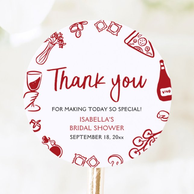 Pizza Pasta Brautparty Runder Aufkleber (Red Italian Hand Drawn Pizza Pasta Bridal Shower Classic Round Sticker)