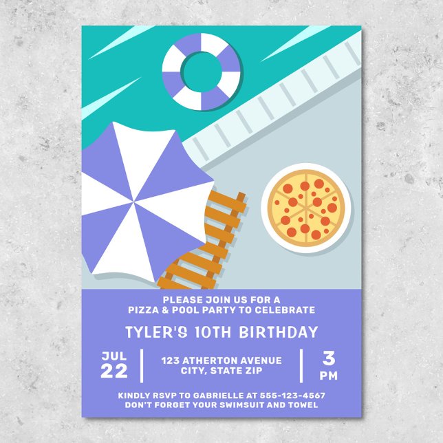 Pizza Pool Party Schwimmbad Blau Einladung (Pizza pool party invitation)