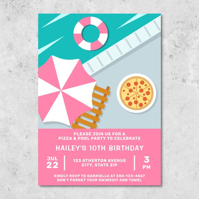 Pizza Pool Party Schwimmbad Pink Moderne Einladung (Pink invitation for a pizza & pool party)