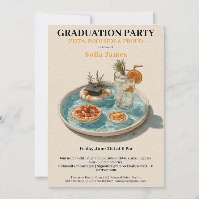Pizza, Poolside, Pool Party | Abschlussfeier Einladung (Vorderseite)