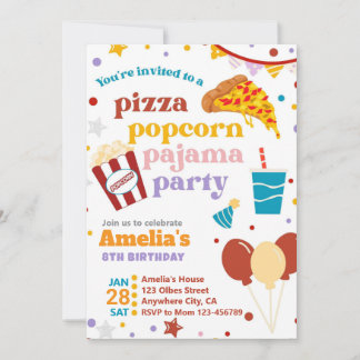 Pizza Popcorn und Pajamas Einladung zum Geburtstag