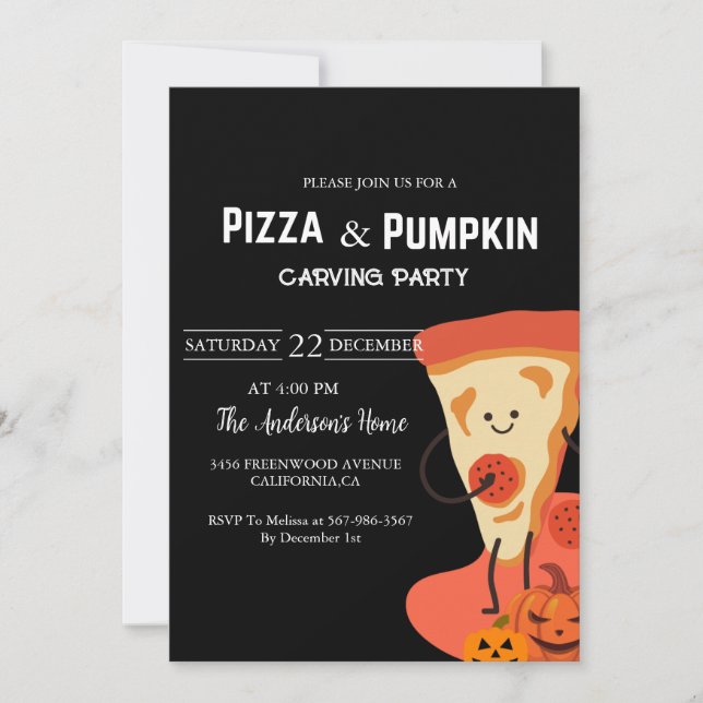 Pizza & Pumpkin Halloween Schnitzerei Party Einladung (Vorderseite)