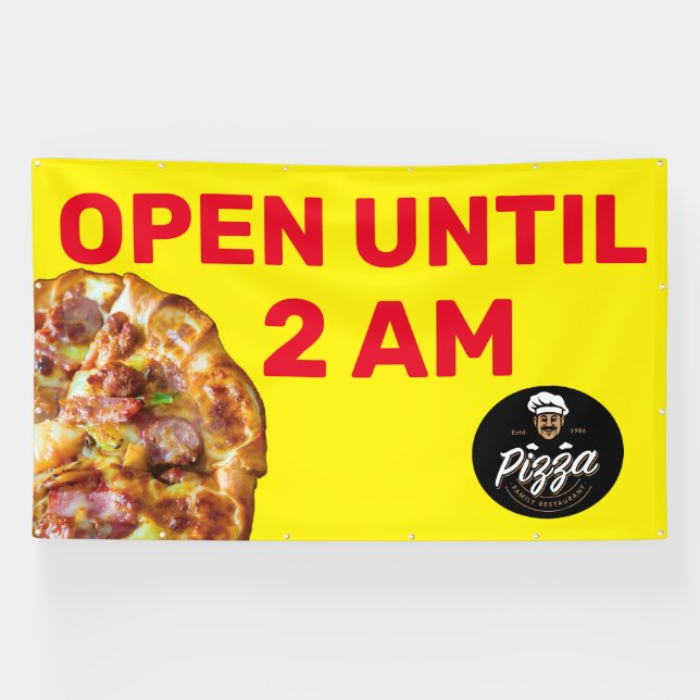 Pizza Shop Logo bis 2 Uhr morgens geöffnet Banner (Horizontal)
