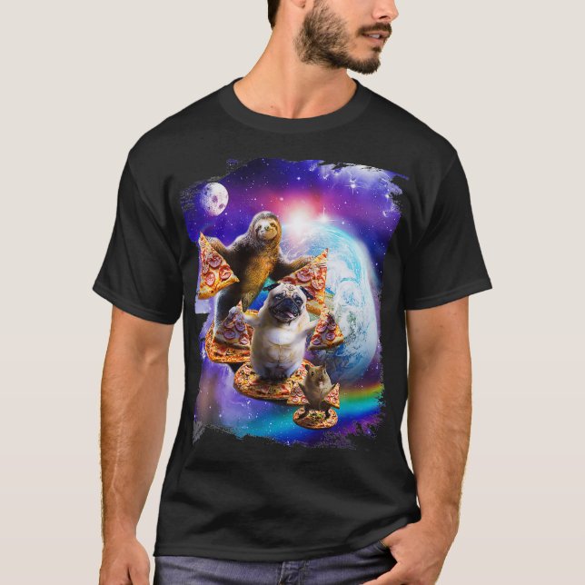 Pizza Sloth Pug Hamster In Space Galaxy Funny T-Shirt (Vorderseite)