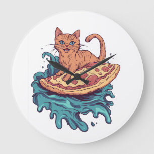 Pizza Surf Cat � Extreme Foodie Cat Abenteuer Große Wanduhr
