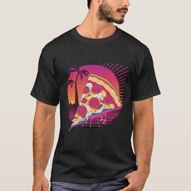 Pizza Synthwave 80s Retrowave Aesthetic T-Shirt (Vorderseite)