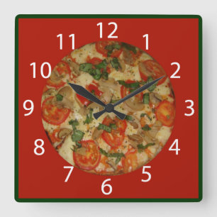 Pizza Time - Red border & White Numbers Quadratische Wanduhr