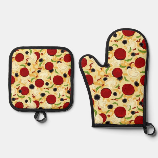 Pizza Toppings Pattern Ofenhandschuh & Topflappen-Set (Vorderseite)