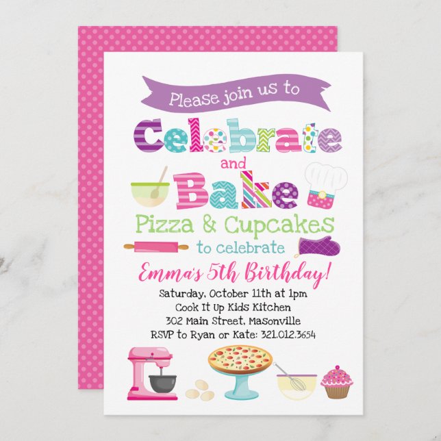 Pizza und Cupcake Baking Party Einladung (Vorne/Hinten)