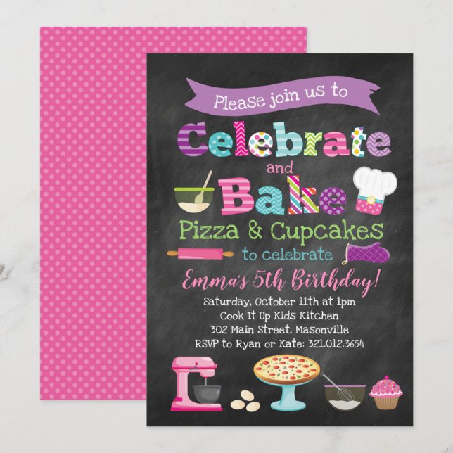 Pizza und Cupcakes Party Einladung (Vorne/Hinten)