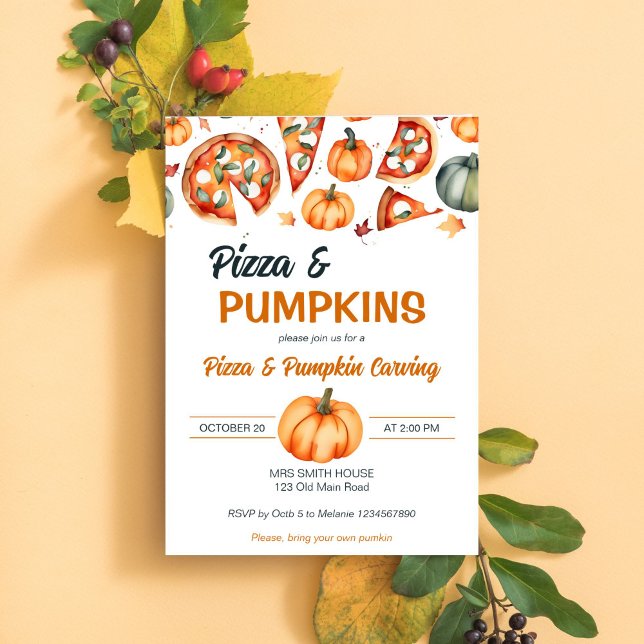 Pizza- und Kürbisschnitzerei-Party Einladung (Pizza and pumpkin carving party template invitation digital download, watercolor pizza slices pumpki)