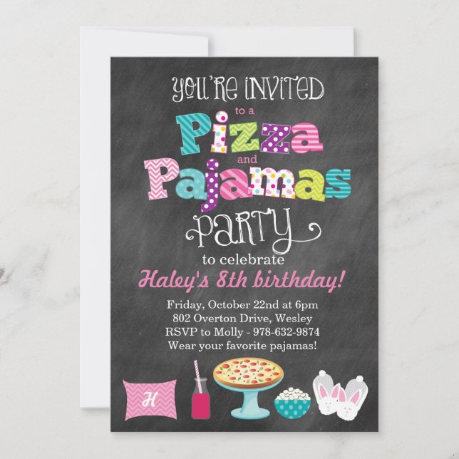Pizza und Pajamas Party Einladung (Vorderseite)