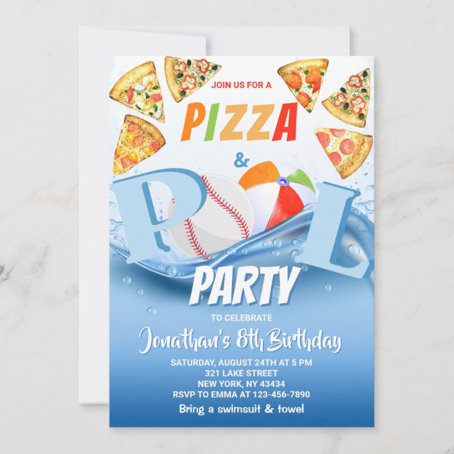 Pizza- und Poolparty-Geburtstag  Einladung (Vorderseite)
