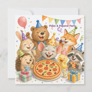 Pizza- und Pyjama-Party Süße Tier-Geburtstagsfeier Einladung