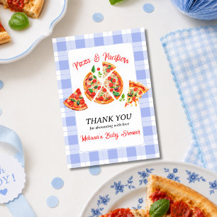 Pizza und Schnuller Blau Gingham Jungen Baby-Party Dankeskarte