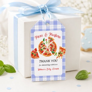 Pizza und Schnuller Blau Gingham Jungen Baby-Party Geschenkanhänger