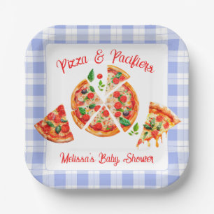 Pizza und Schnuller Junge Blau Gingham-Baby-Party Pappteller