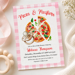 Pizza und Schnuller Mädchen Rosa Kariert Baby-Part Einladung