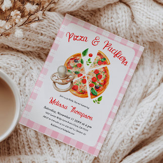 Pizza und Schnuller Party Pink Kariert Babydusche Einladung
