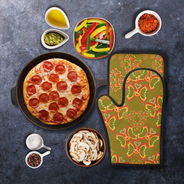 Pizza und Toppings Butterfly Shapes Grün Ofenhandschuh & Topflappen-Set (Von Creator hochgeladen)
