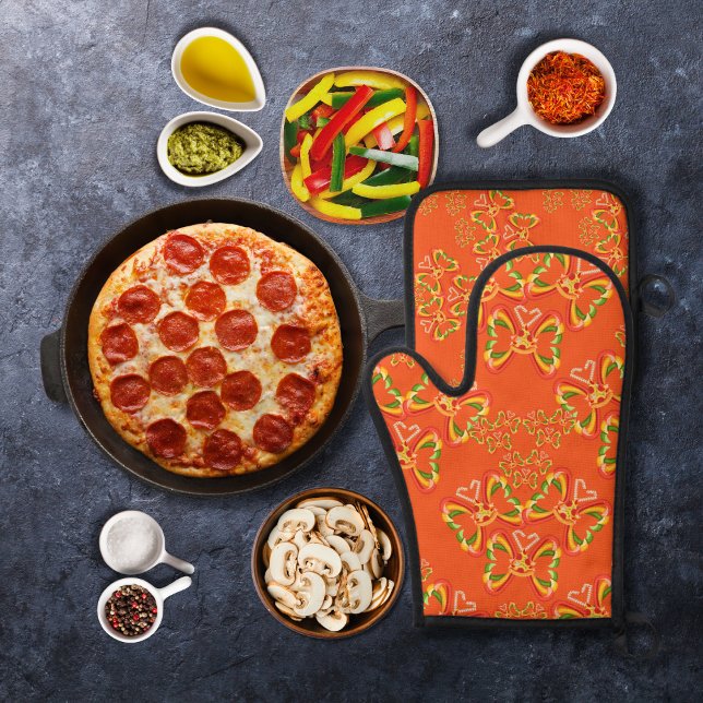 Pizza und Toppings Butterfly Shapes Orange Ofenhandschuh & Topflappen-Set (Von Creator hochgeladen)