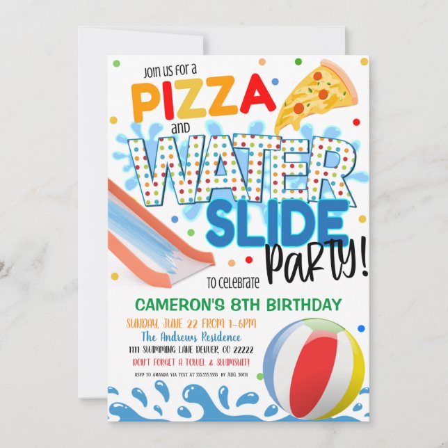 Pizza und Waterslide-Party Einladung (Vorderseite)