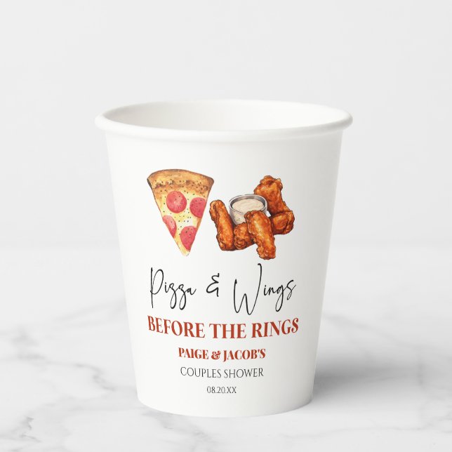 Pizza und Wings bevor die Ringe Paarbaby Shower Pappbecher (Vorderseite)